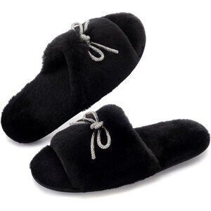 Women's Fuzzy Rhinestone Black Bow knot Open Toe Slides Slippers Shoes